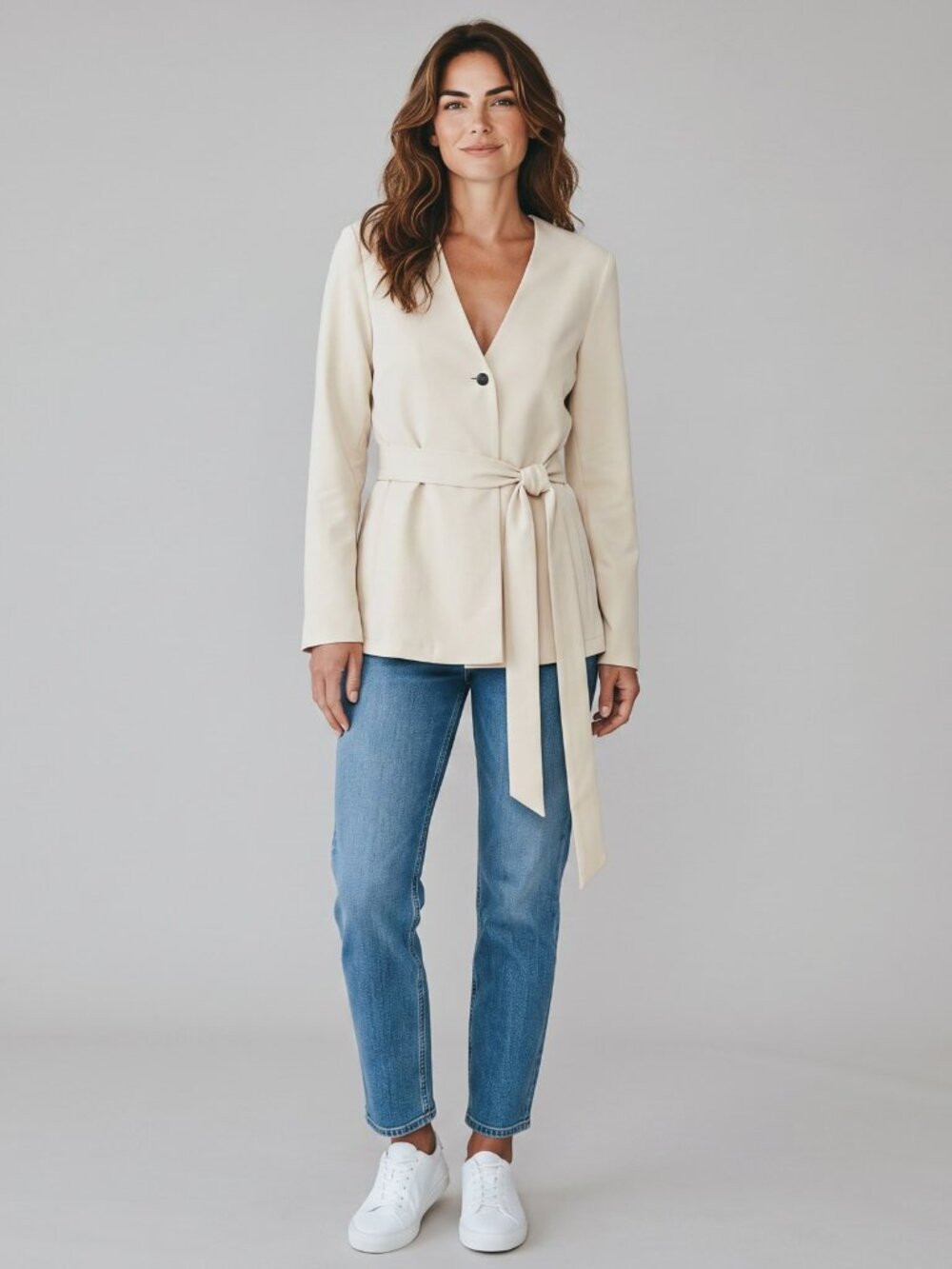 NWOT Aday Cream Belted Collarless Structured Blazer Jacket